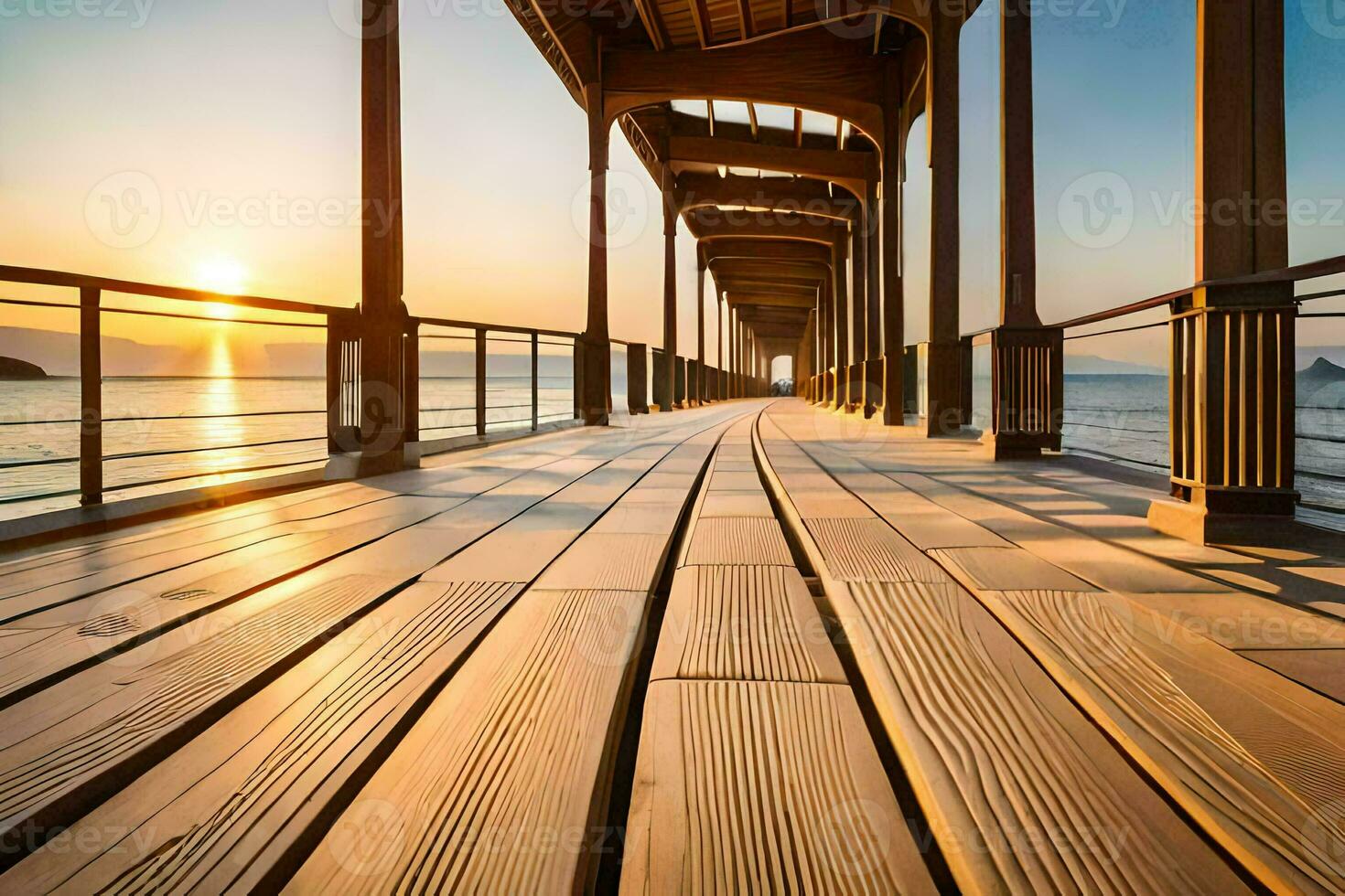a pier with wooden walkway and sun setting over the water. AI-Generated photo
