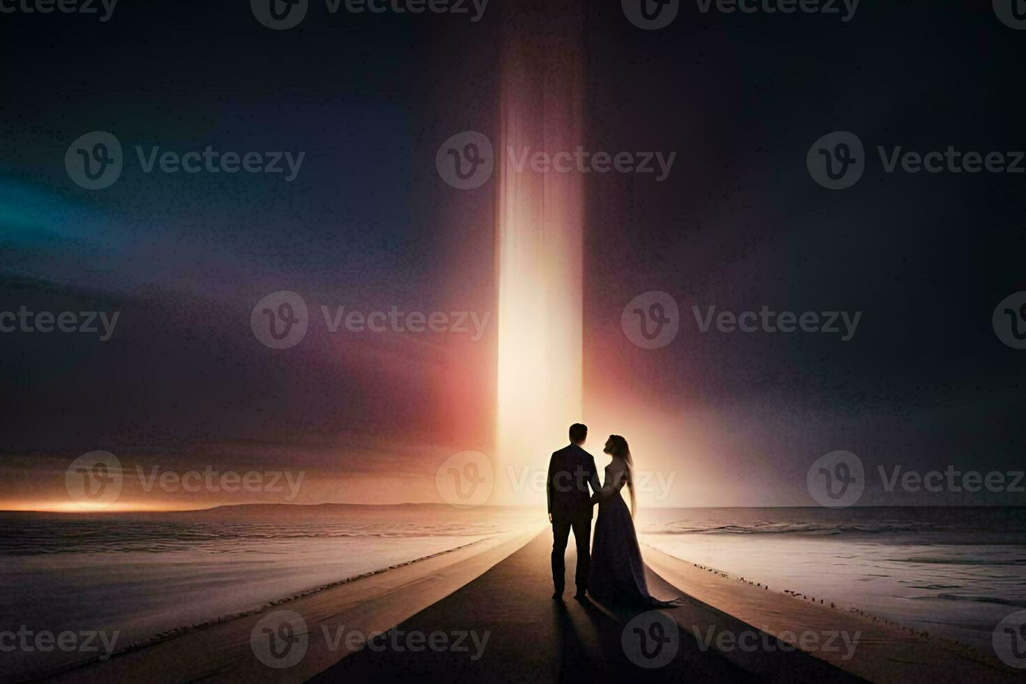 a bride and groom standing on a beach at sunset. AI-Generated photo