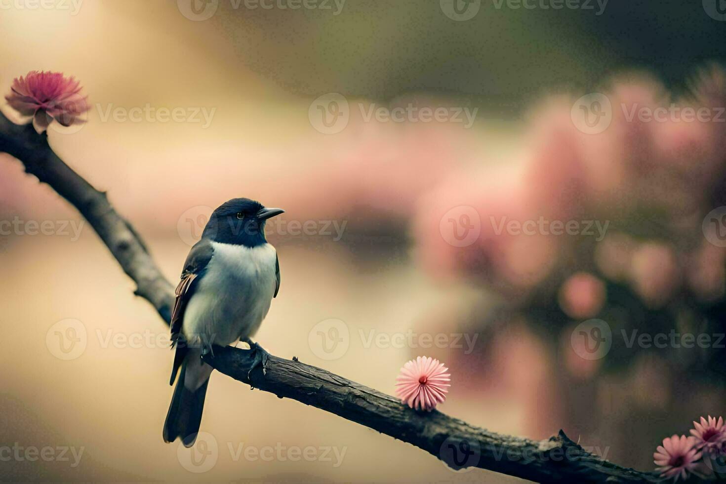 a bird sits on a branch near a pond. AI-Generated photo
