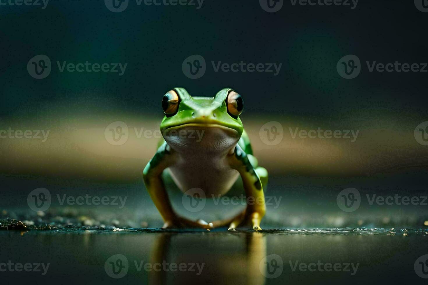 a frog is standing on the ground with its eyes closed. AI-Generated photo