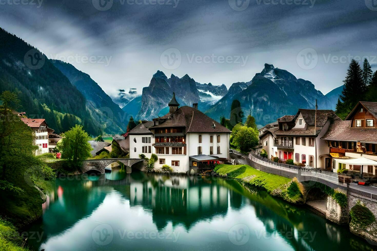 a river runs through a town in the mountains. AI-Generated photo