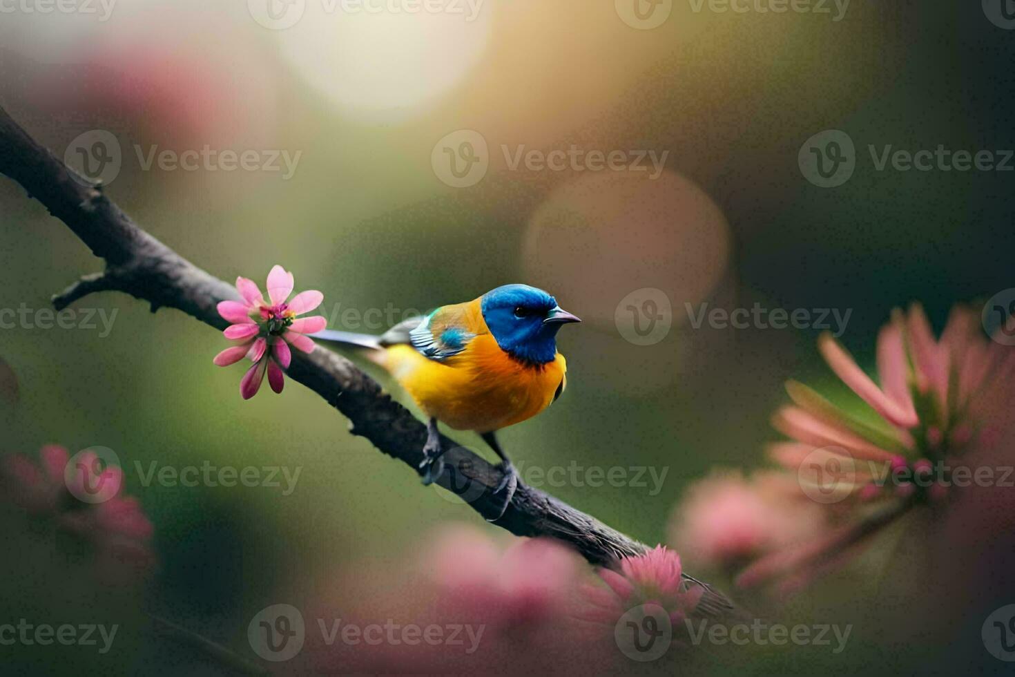 un azul y amarillo pájaro es encaramado en un rama con rosado flores generado por ai foto