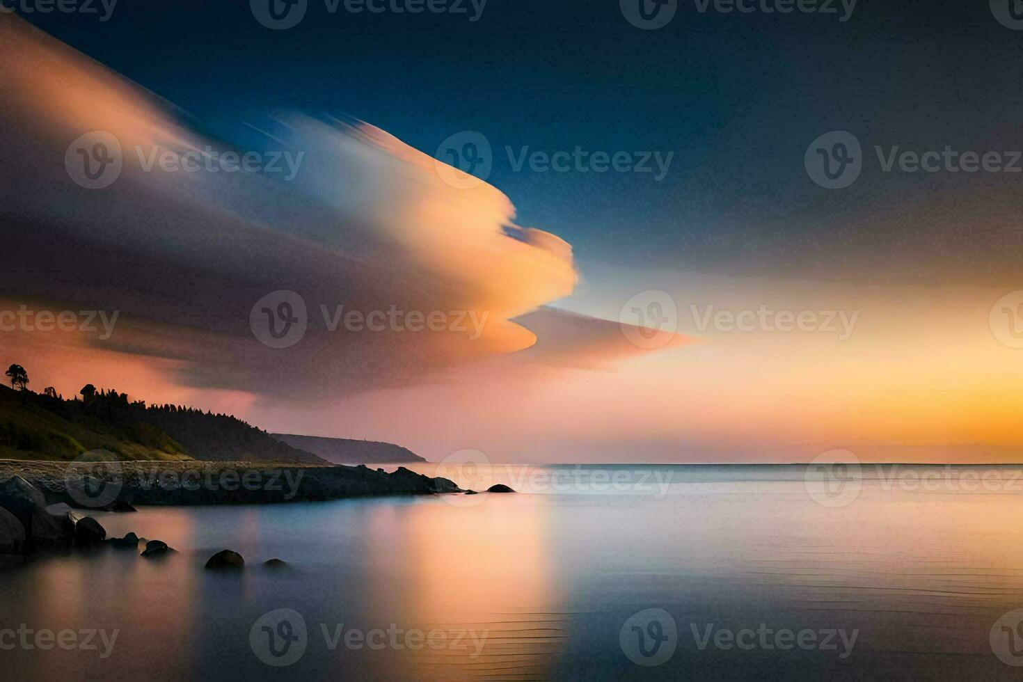 un largo exposición fotografía de un nube terminado el océano. generado por ai foto