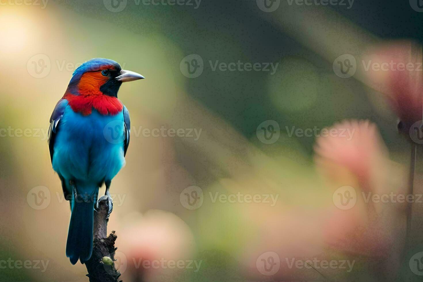 a colorful bird sits on a branch. AI-Generated photo