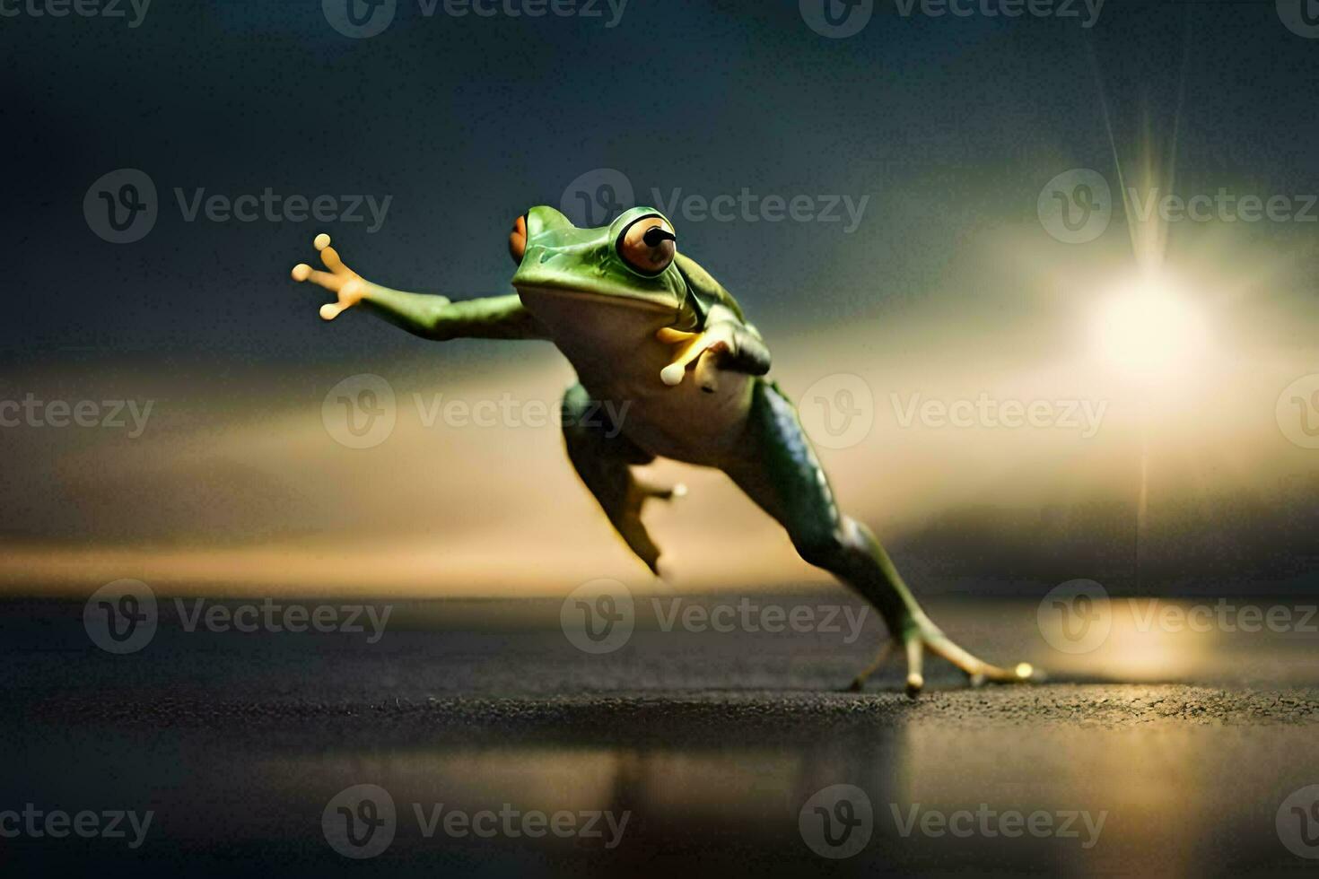 a frog jumping in the air with its legs spread. AI-Generated photo