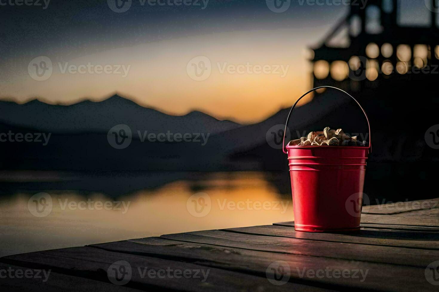 a bucket of nuts on a dock at sunset. AI-Generated photo