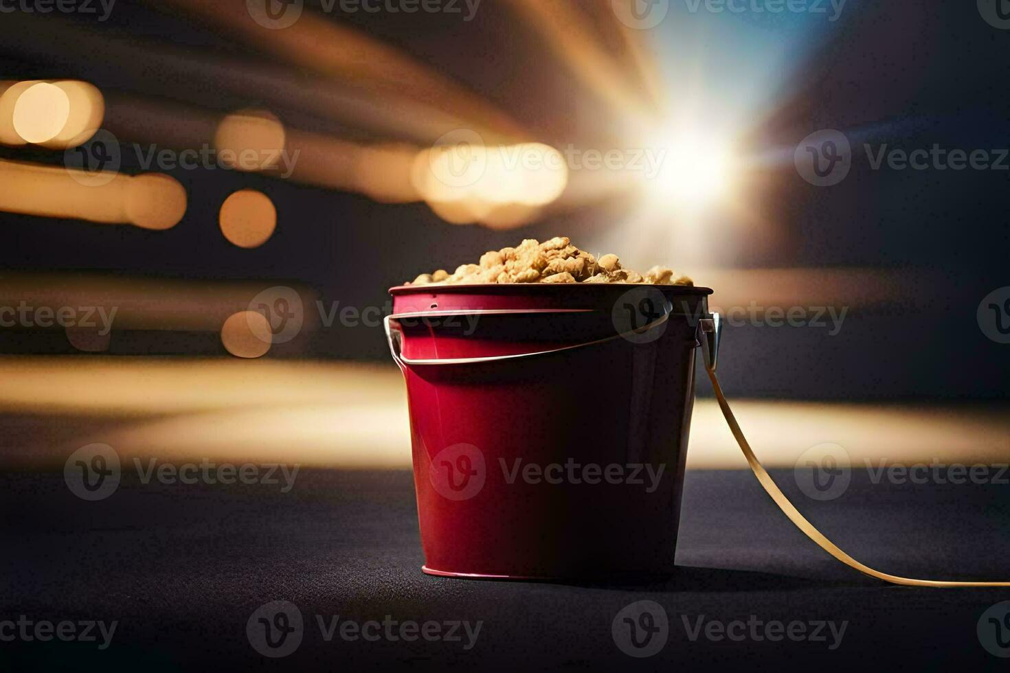 a bucket of popcorn on a table with a light shining on it. AI-Generated photo