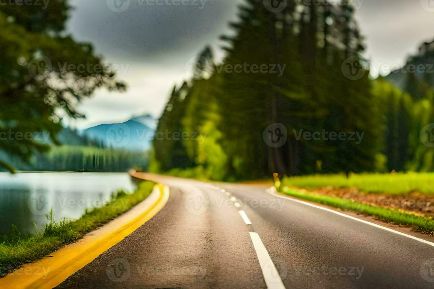 a road with trees and a lake in the background. AI-Generated photo