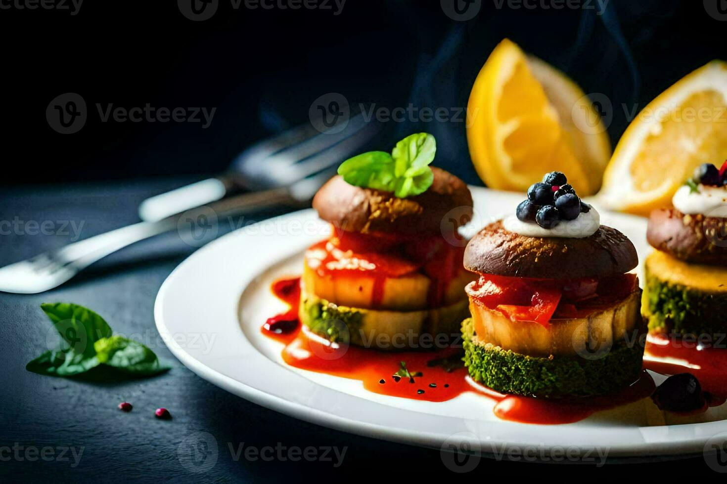 three small cakes with fruit and sauce on them. AI-Generated photo