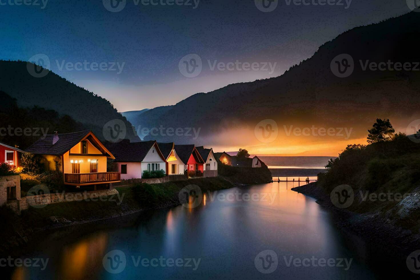 a river runs through a town at sunset. AI-Generated photo