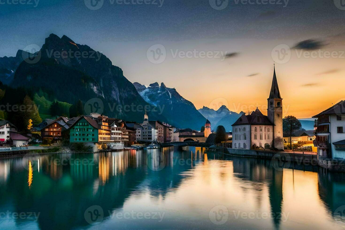 the sun sets over a river and town in the mountains. AI-Generated photo
