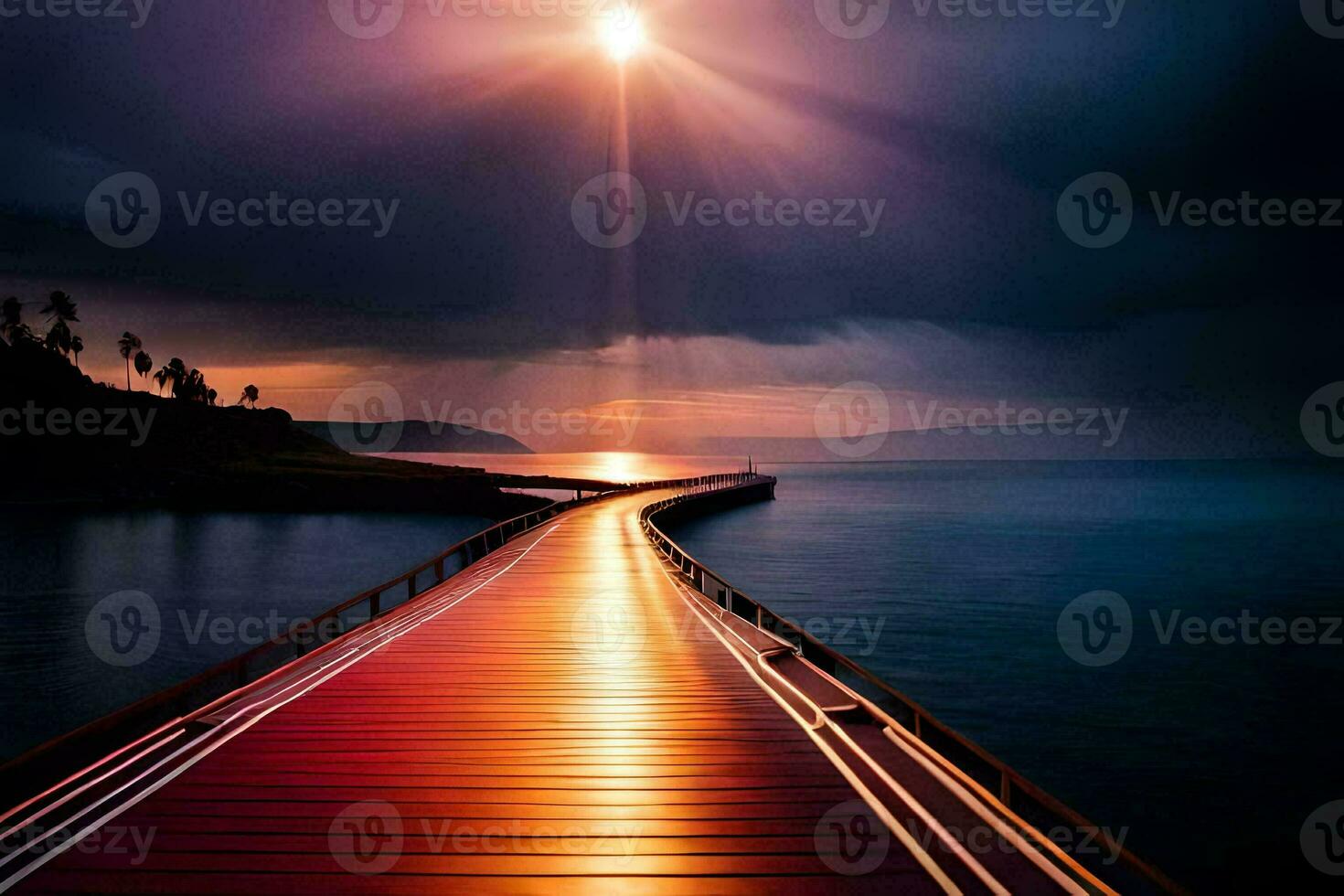 a long wooden pier leads to the ocean at sunset. AI-Generated photo