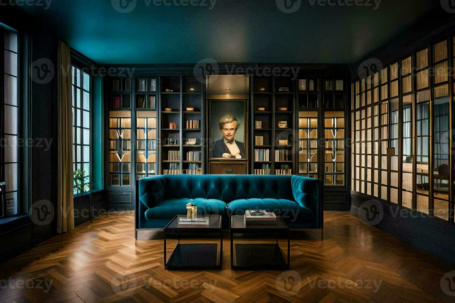 the living room has a blue couch and bookshelves. AI-Generated photo