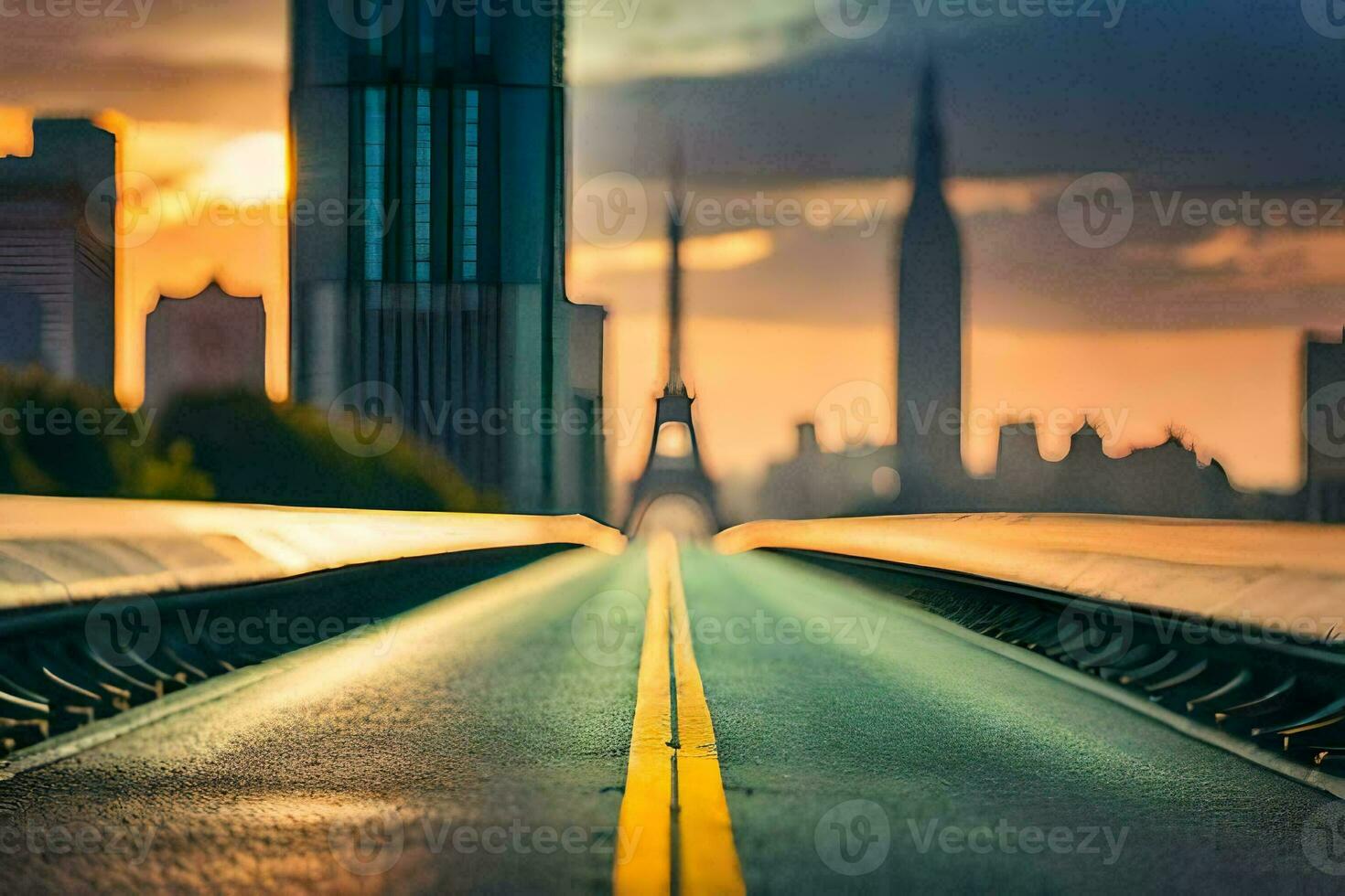 a long empty road with a city skyline in the background. AI-Generated photo