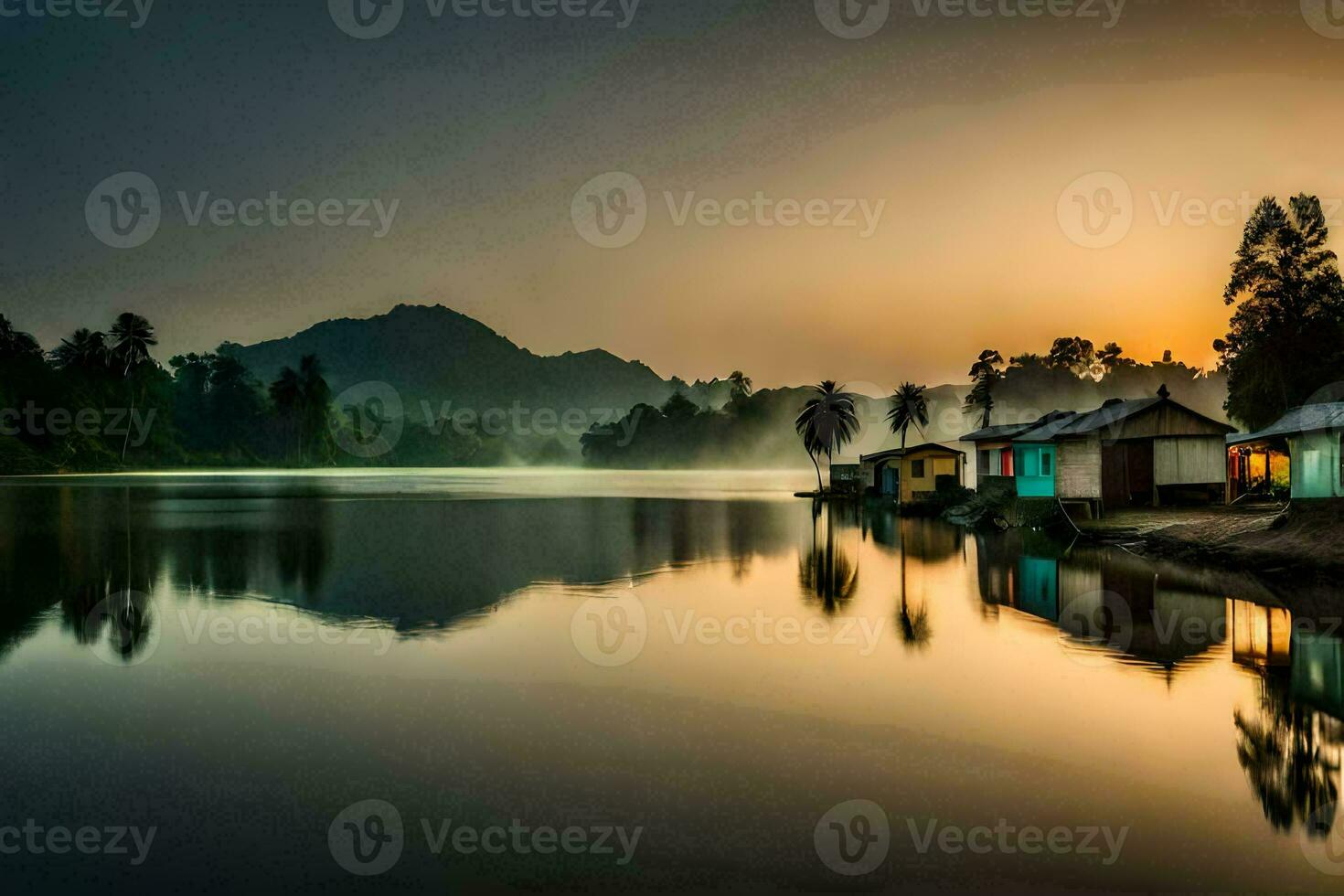 a lake with houses on the shore at sunset. AI-Generated photo
