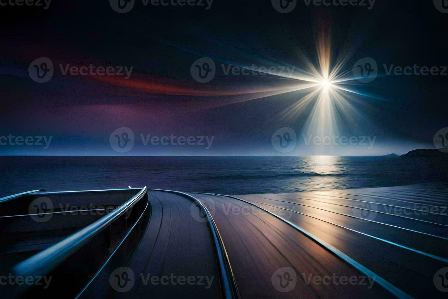 a boat is on the water at night with a bright light shining. AI-Generated photo