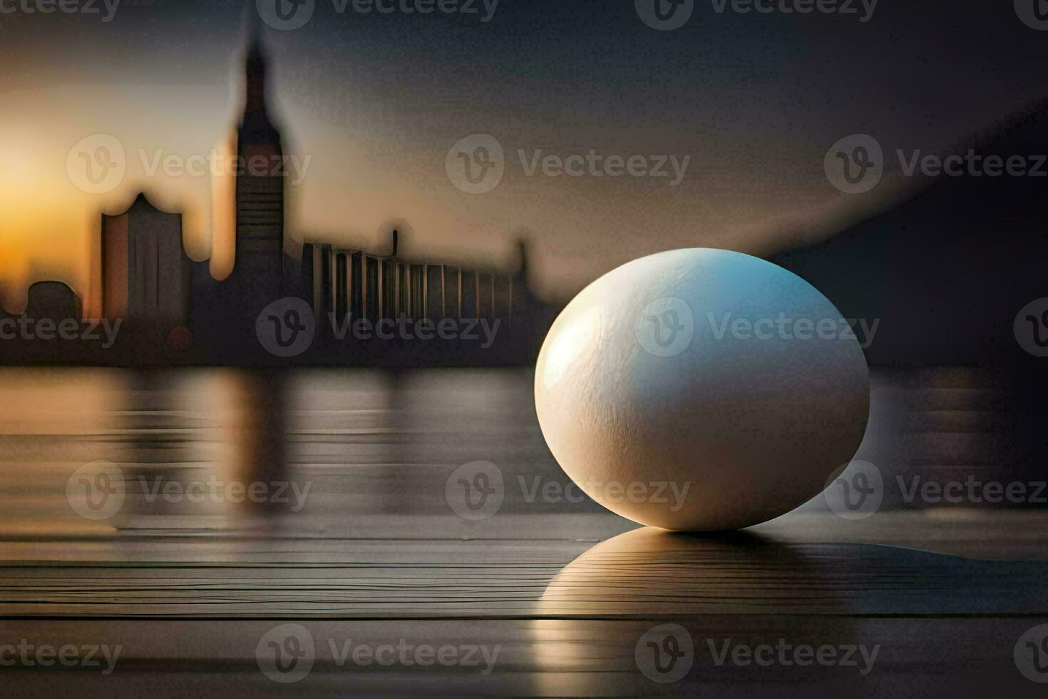 a white ball sits on a wooden floor in front of a city. AI-Generated photo