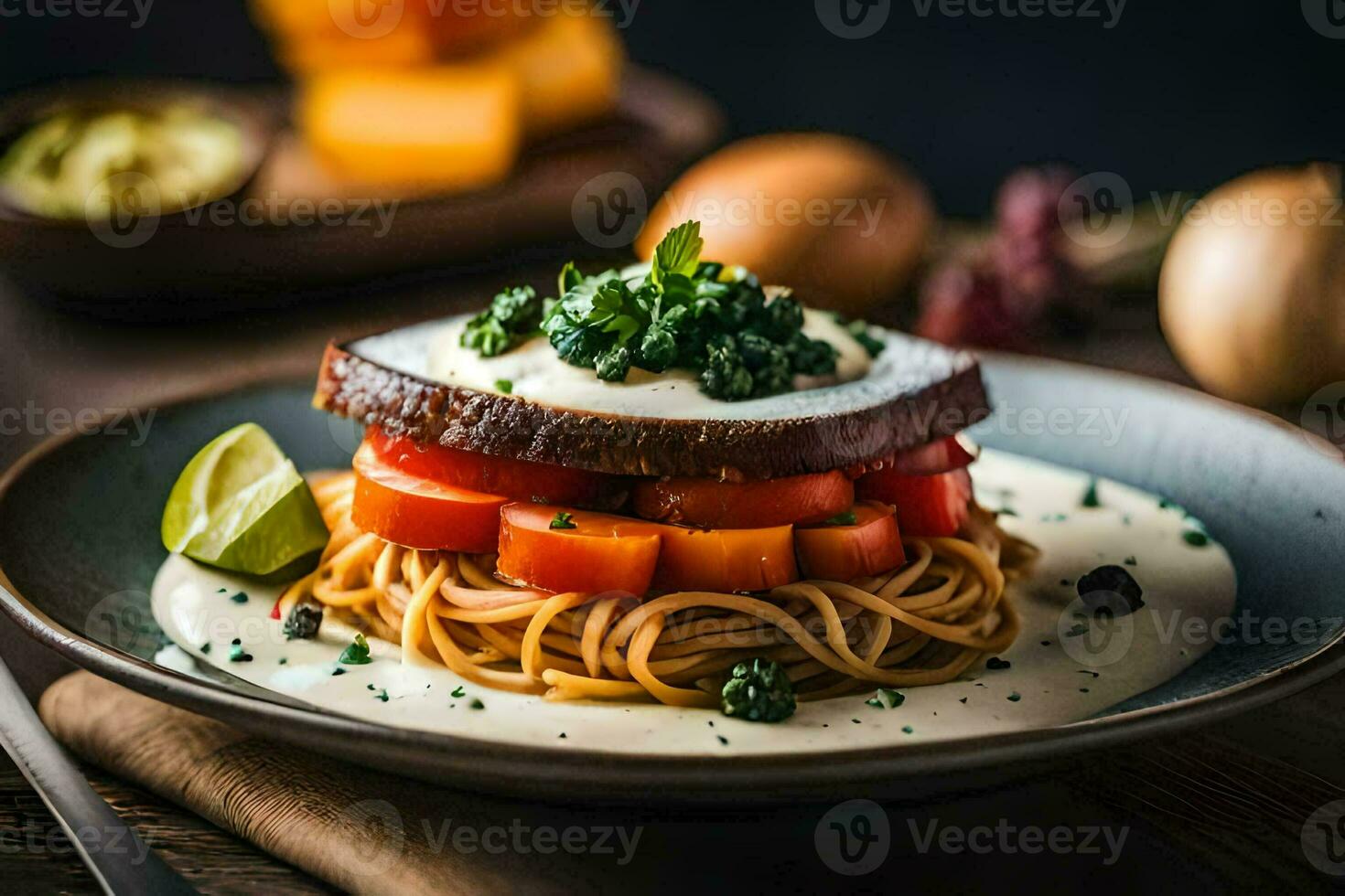 a plate with spaghetti and meat on it. AI-Generated photo