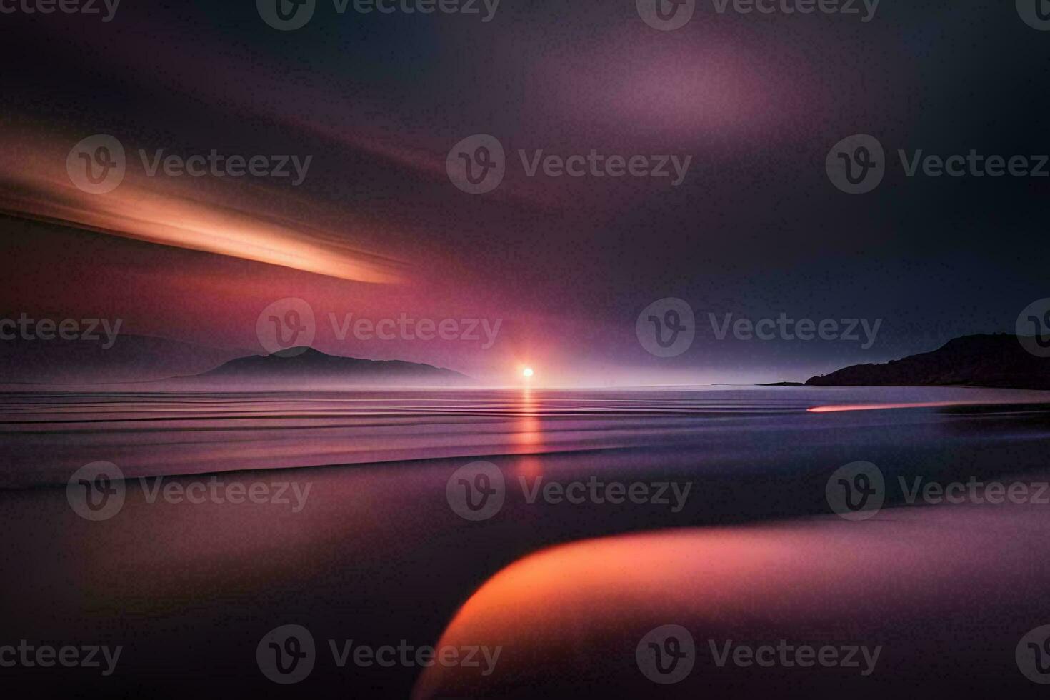 a long exposure photograph of the sun setting over the ocean. AI-Generated photo