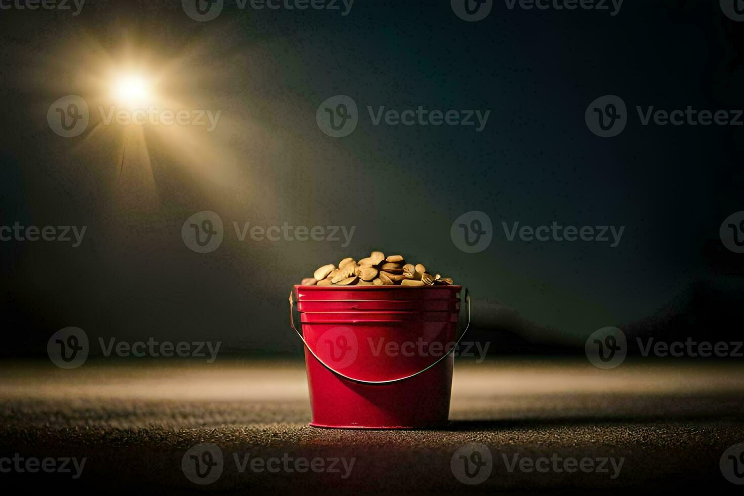 a red bucket filled with peanuts on a dark road. AI-Generated photo