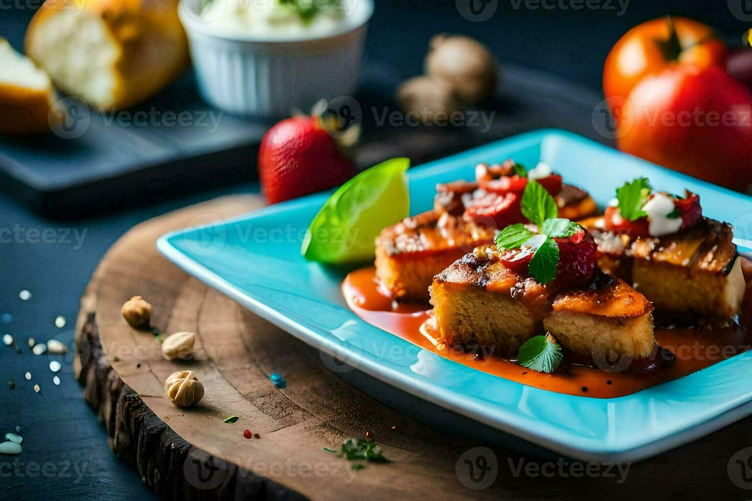 a plate of food with tofu and sauce. AI-Generated photo