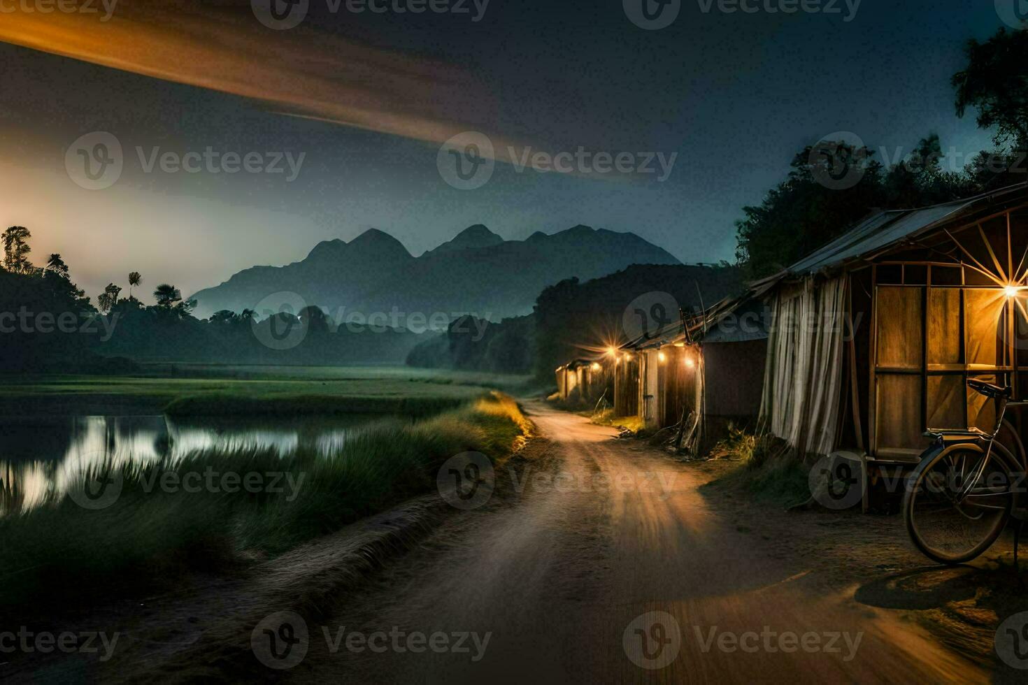a bicycle is parked next to a hut on a dirt road. AI-Generated photo