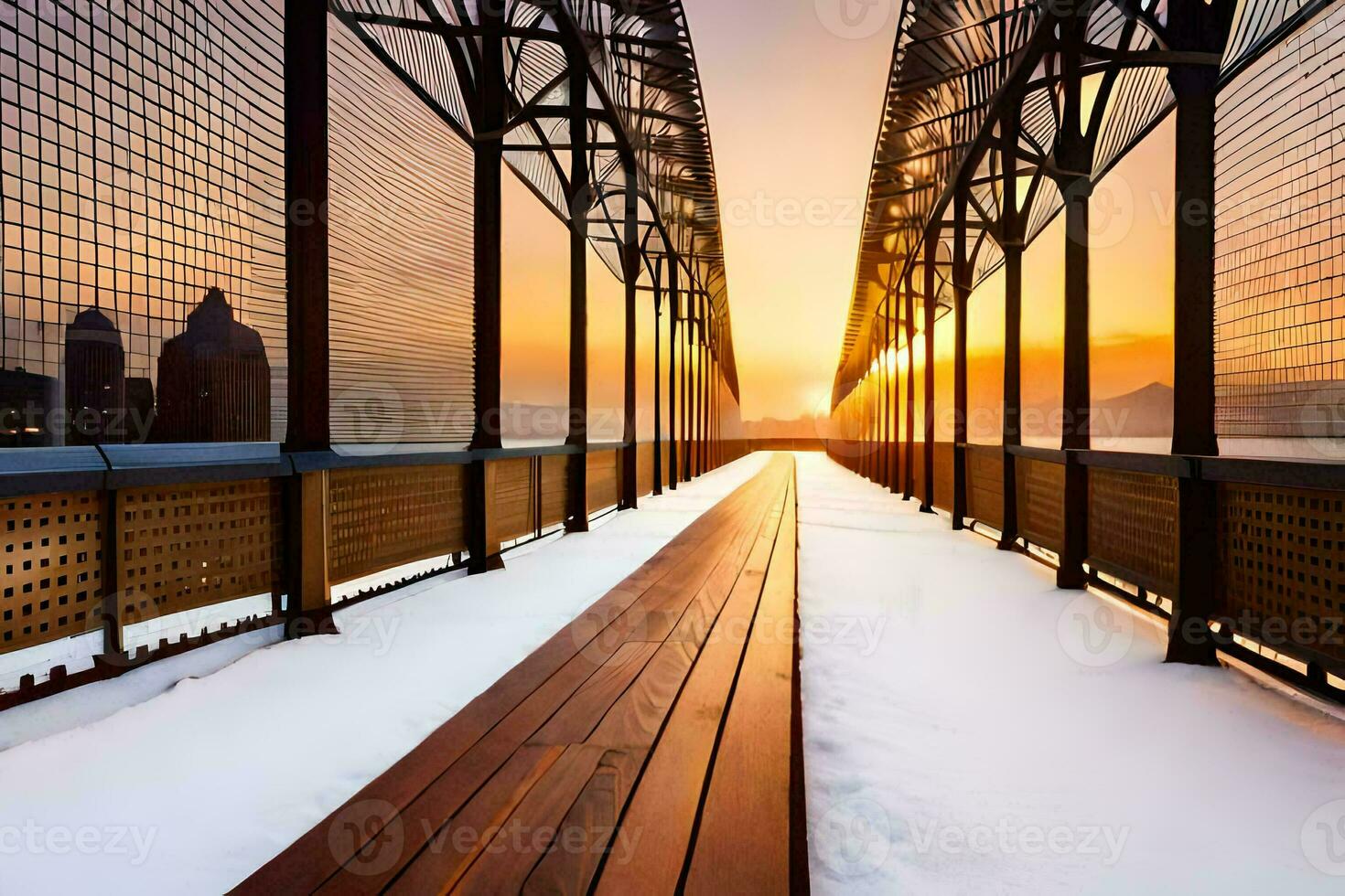 a wooden walkway in the snow with the sun setting. AI-Generated photo