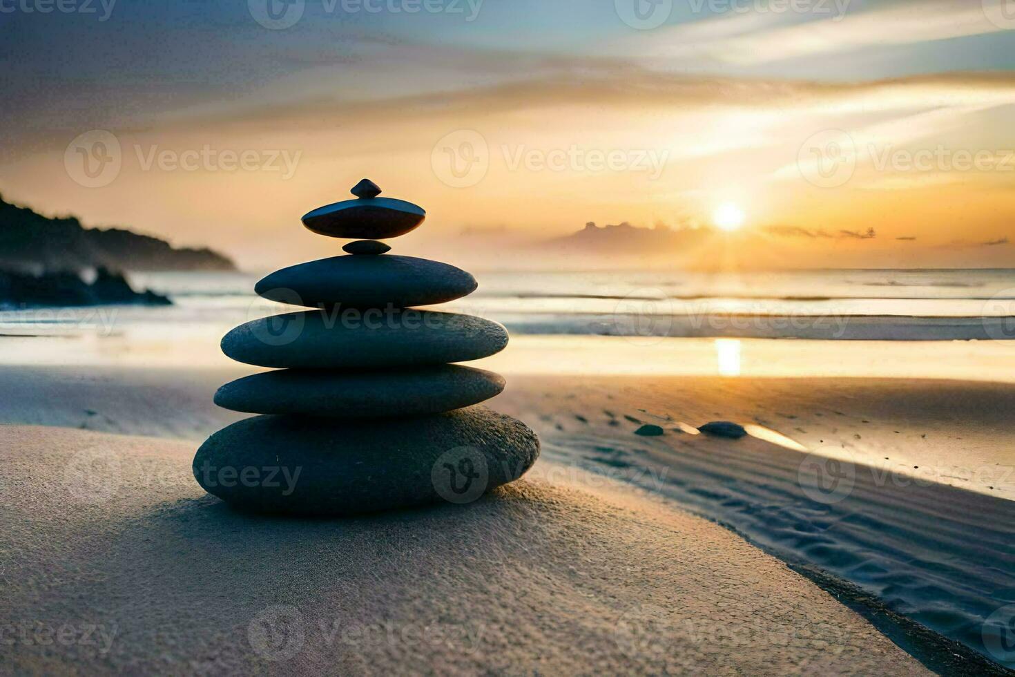 a stack of stones on the beach at sunset. AI-Generated photo