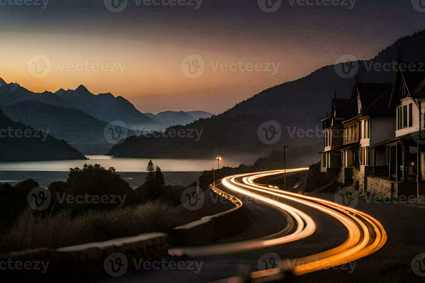 a long exposure photograph of a road with light trails. AI-Generated photo