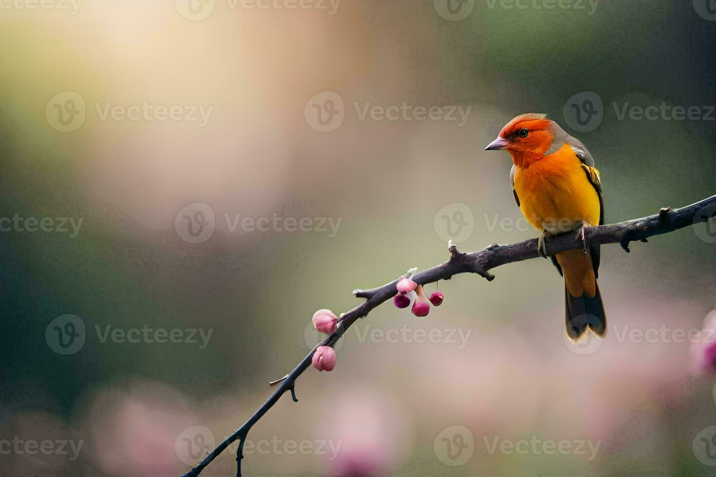a small orange bird sits on a branch with pink flowers. AI-Generated photo