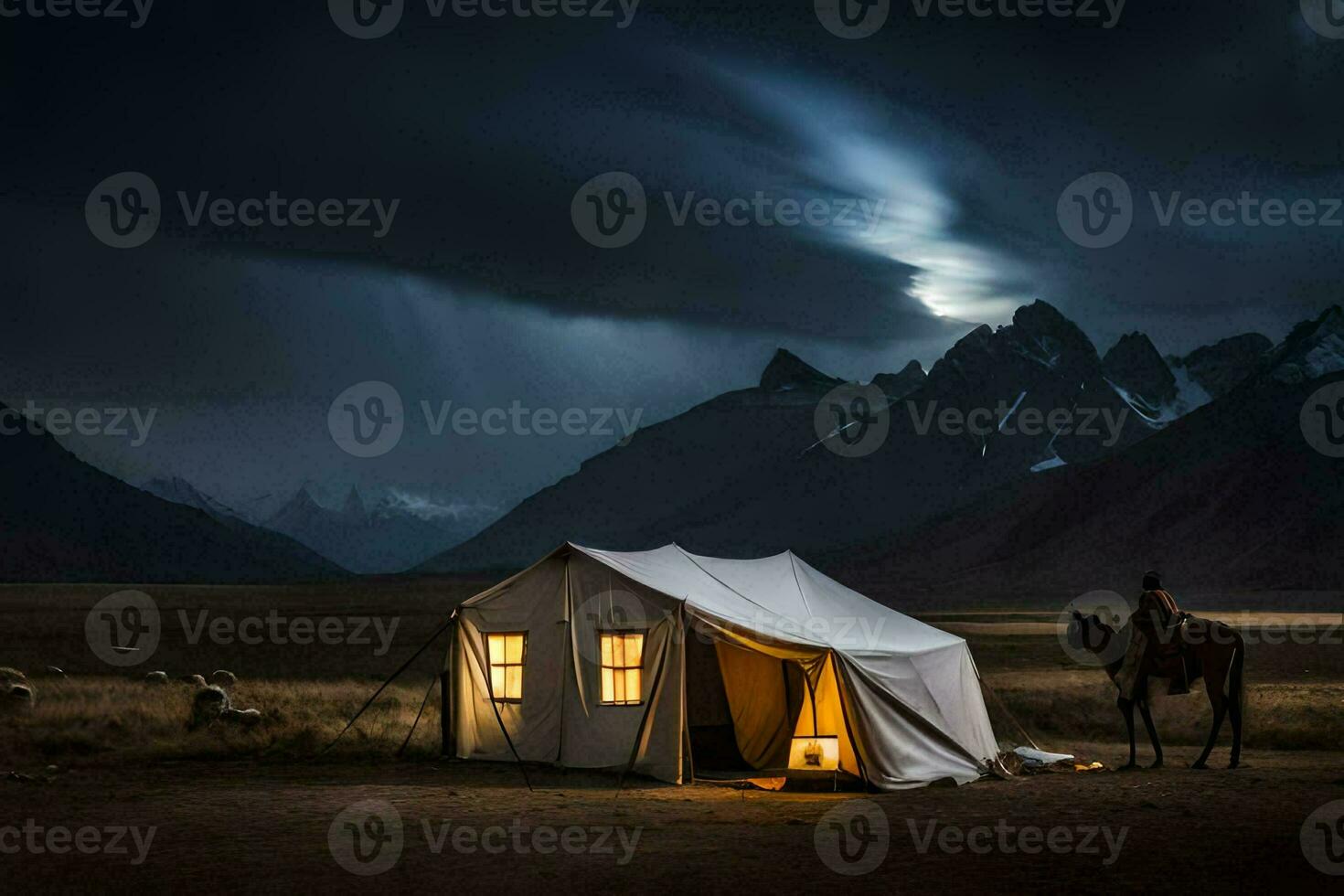 a man and his horse stand in front of a tent in the middle of the night. AI-Generated photo