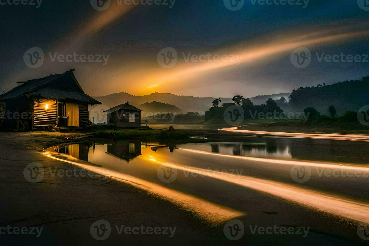 photo wallpaper the sky, water, the sun, the mountains, the river, the house,. AI-Generated