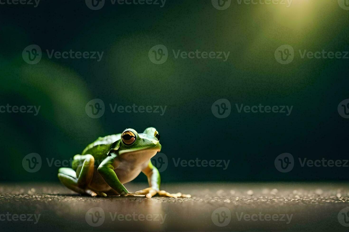 un rana sentado en un mesa en frente de un verde antecedentes. generado por ai foto