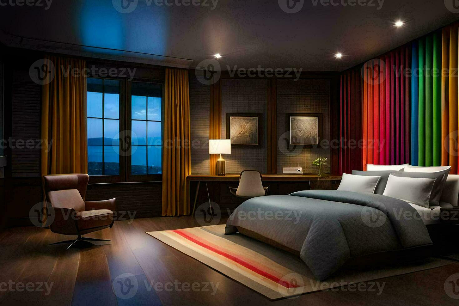 a modern bedroom with a colorful striped wall. AI-Generated photo