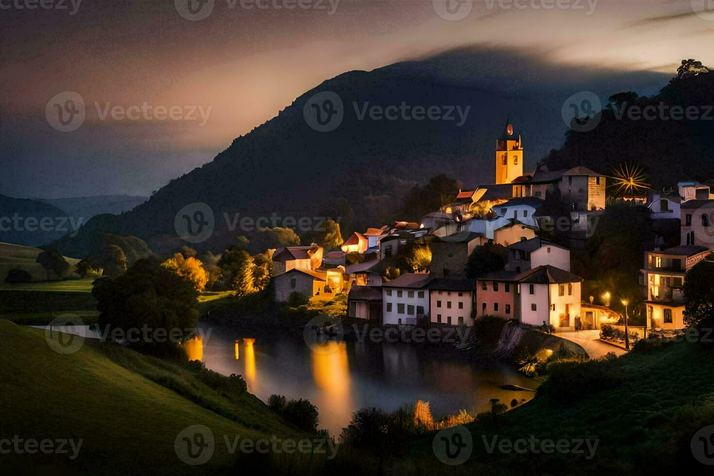 photo wallpaper the sky, mountains, village, river, sunset, the lights, the lights,. AI-Generated