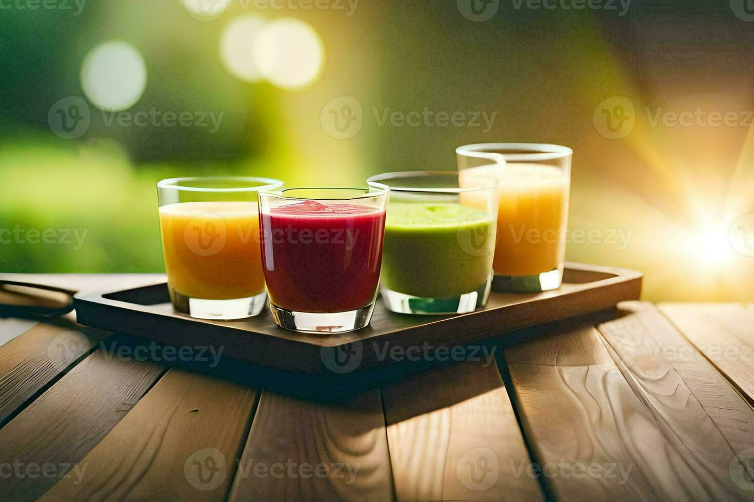 Tres lentes de jugo en un de madera bandeja. generado por ai foto