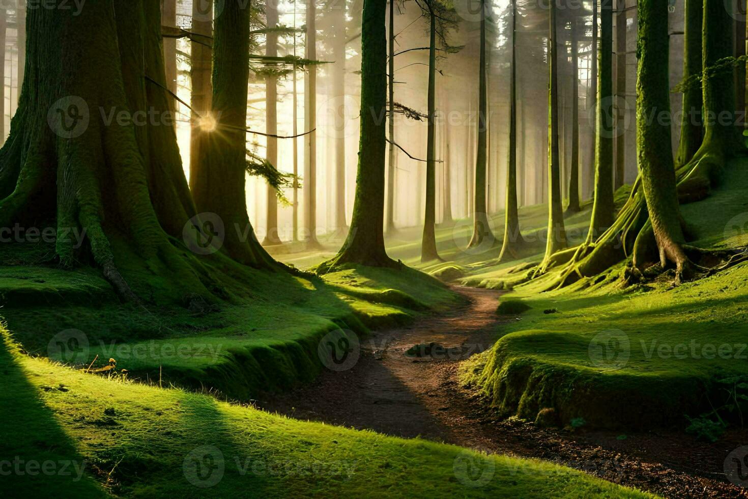 a path through a forest with trees and moss. AI-Generated photo