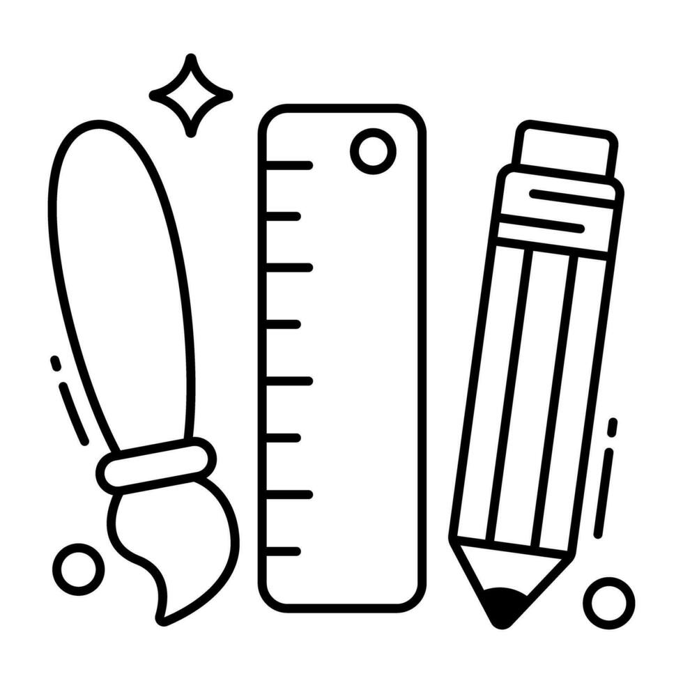 Icon of stationery, pencil with scale and brush vector