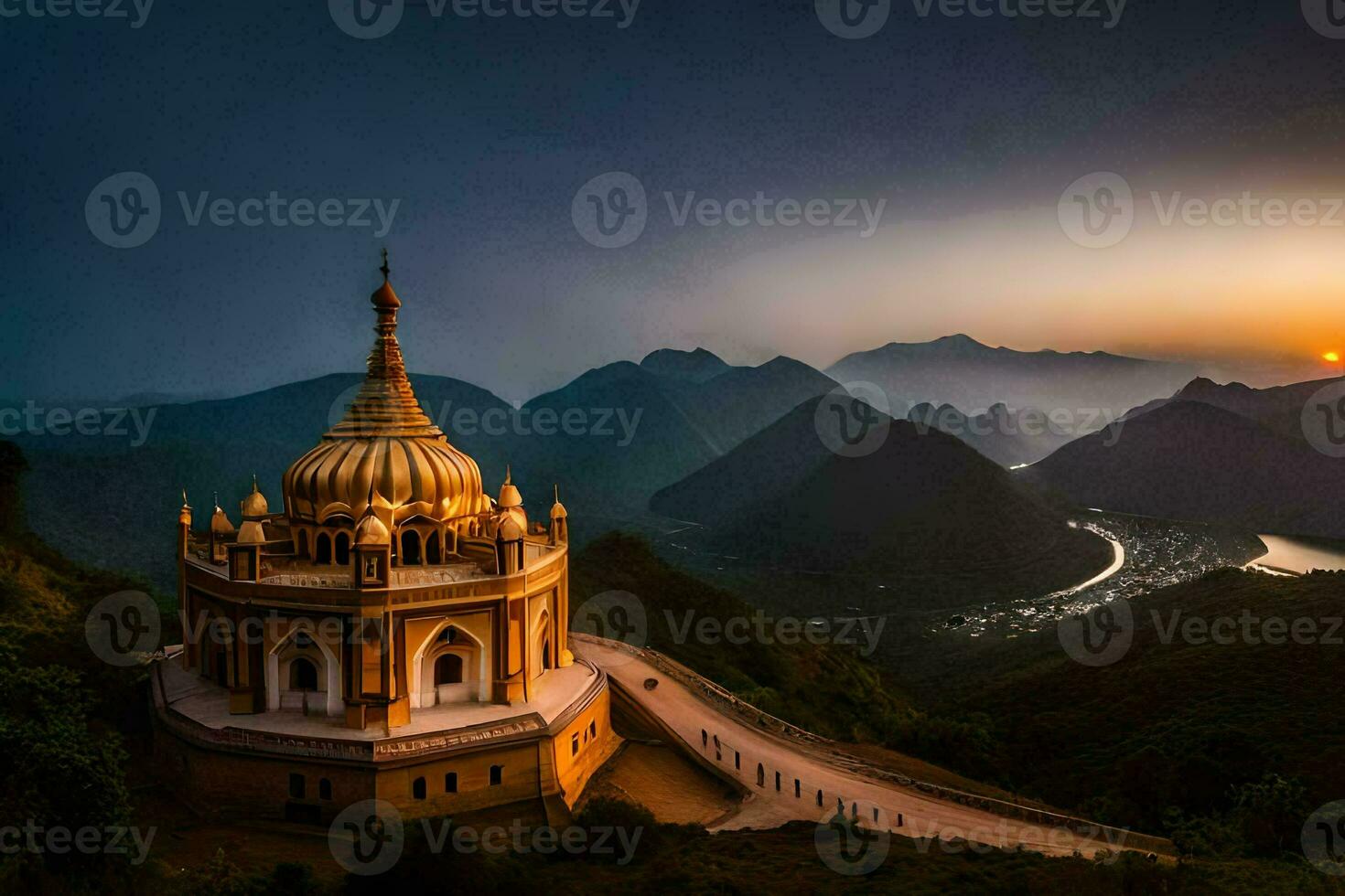the golden temple in the mountains. AI-Generated photo