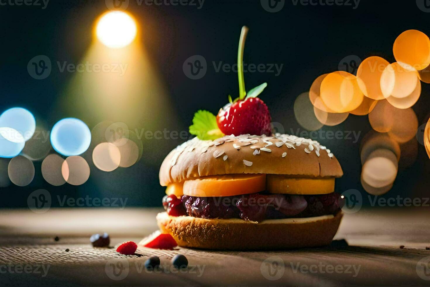 a hamburger with berries and a strawberry on top. AI-Generated photo