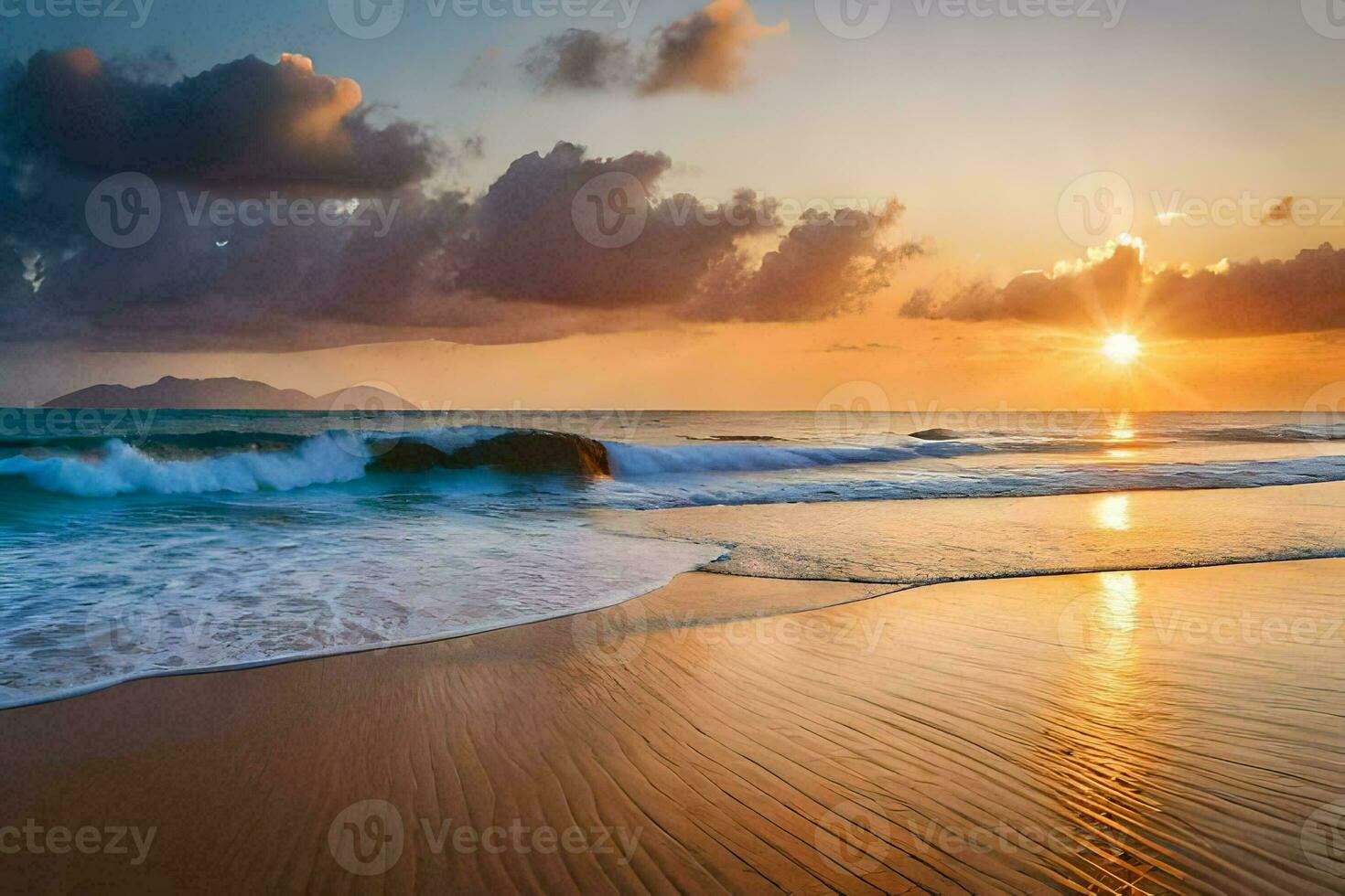 the sun rises over the ocean and waves on a beach. AI-Generated photo