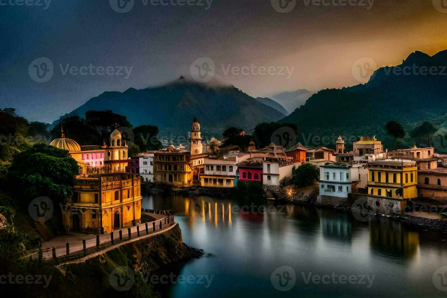 a view of the town and river at sunset. AI-Generated photo