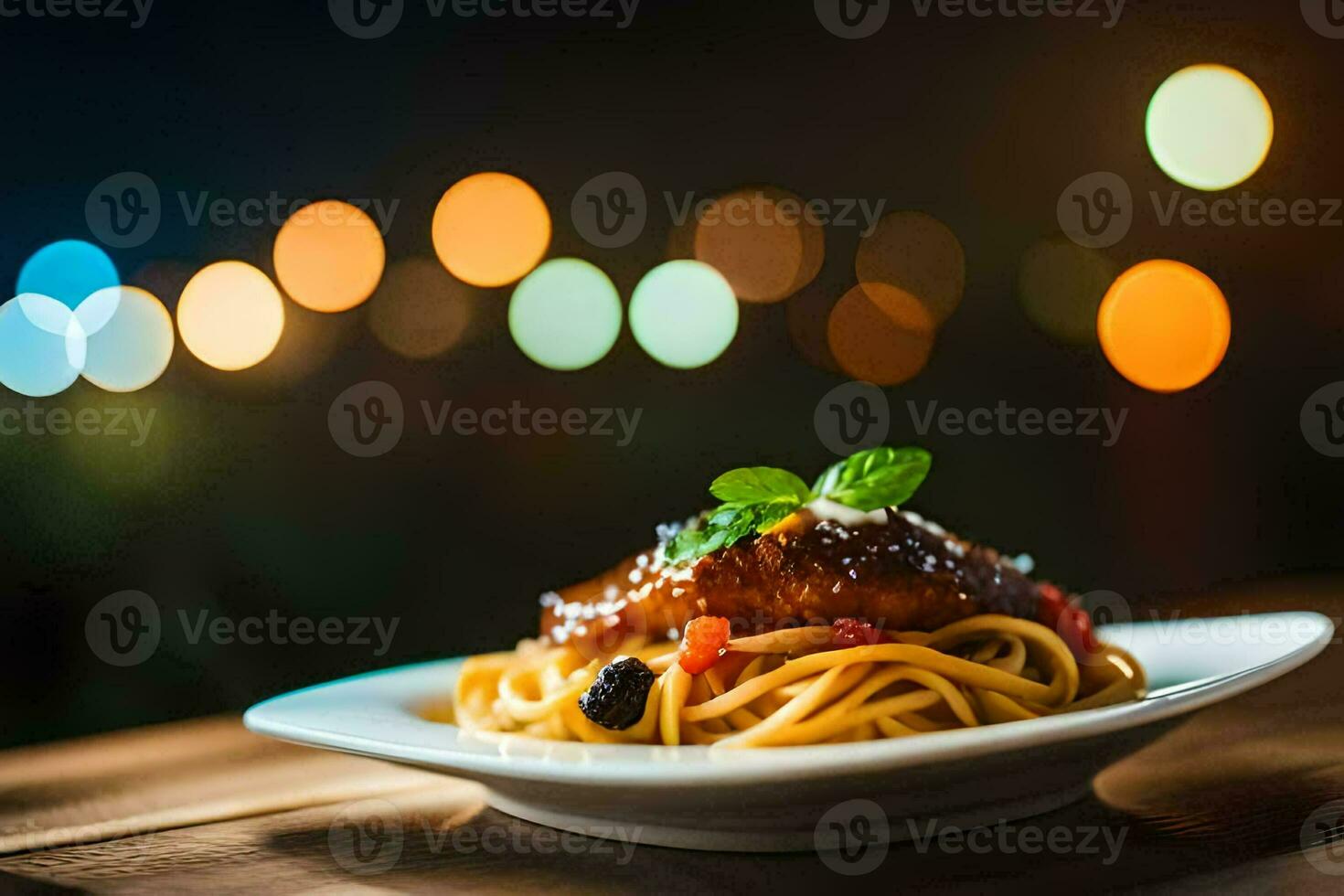 spaghetti with meat and sauce on a plate. AI-Generated photo