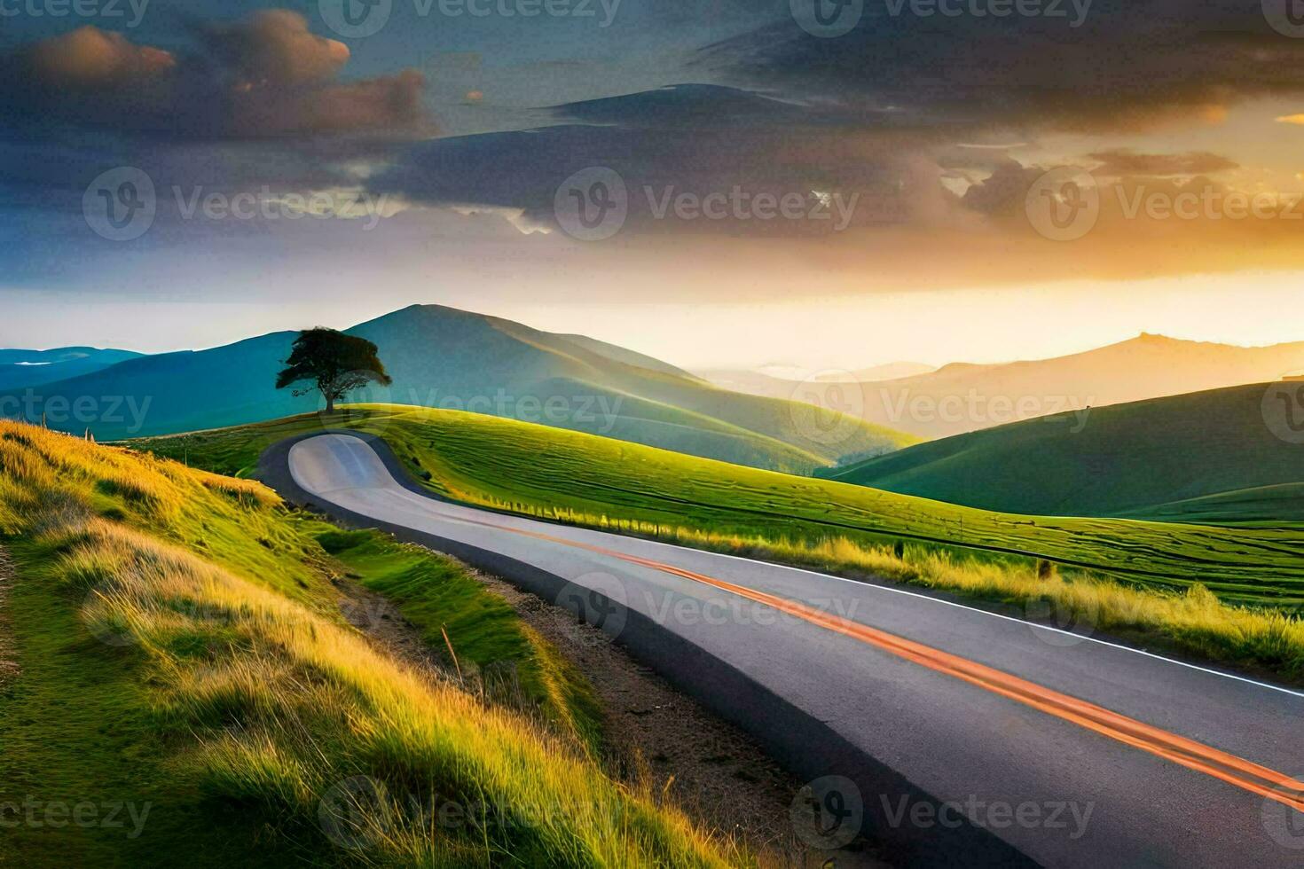 the road to the sunset. AI-Generated photo