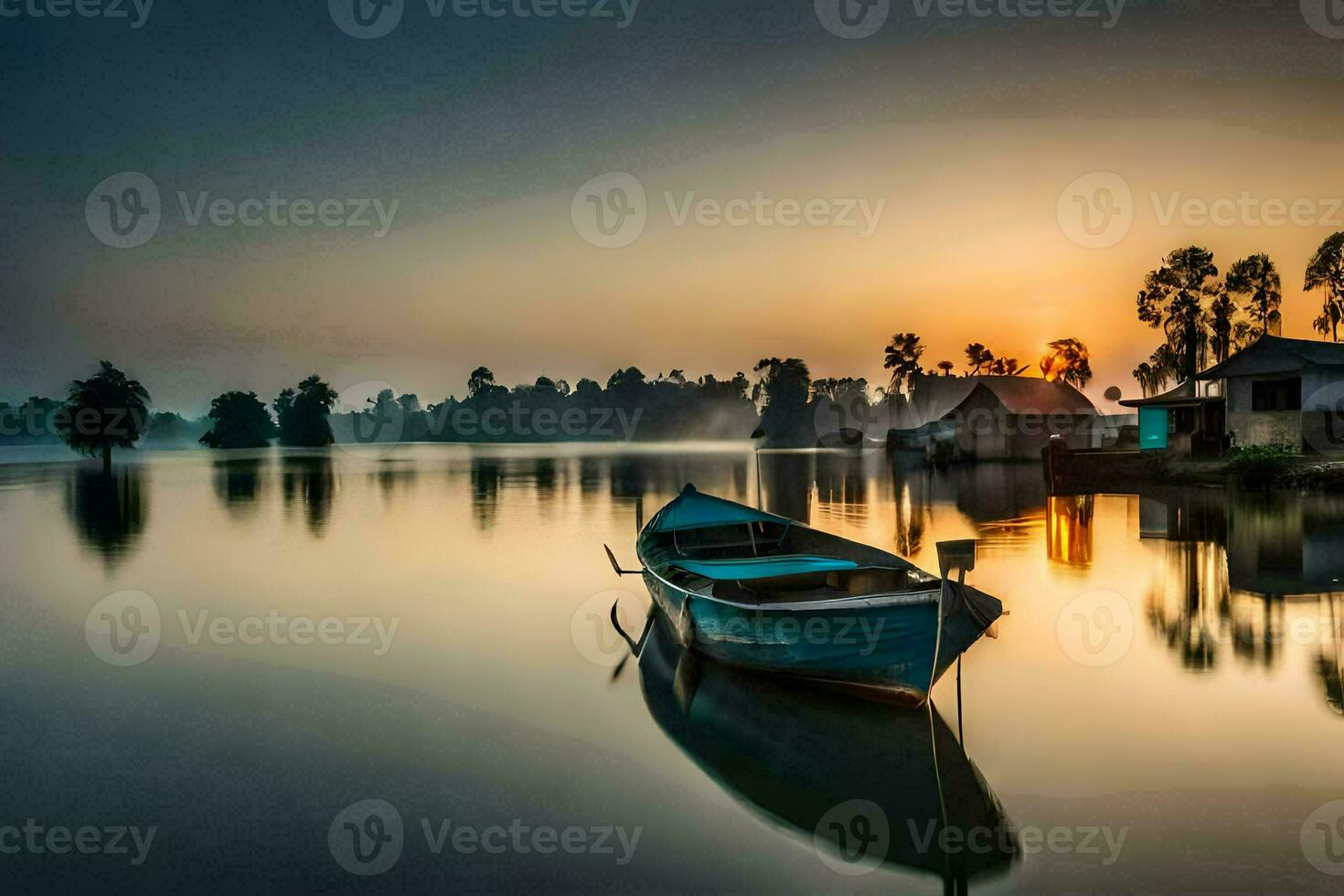 a boat sits on the water at sunset. AI-Generated photo