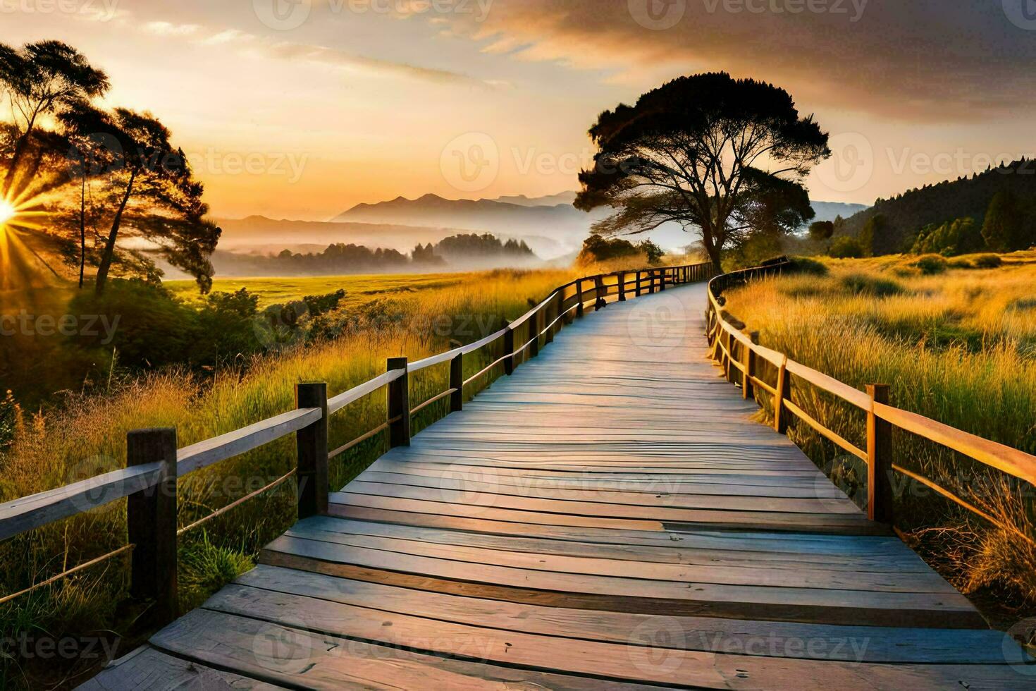 wooden walkway leading to the sunset in a field. AI-Generated photo