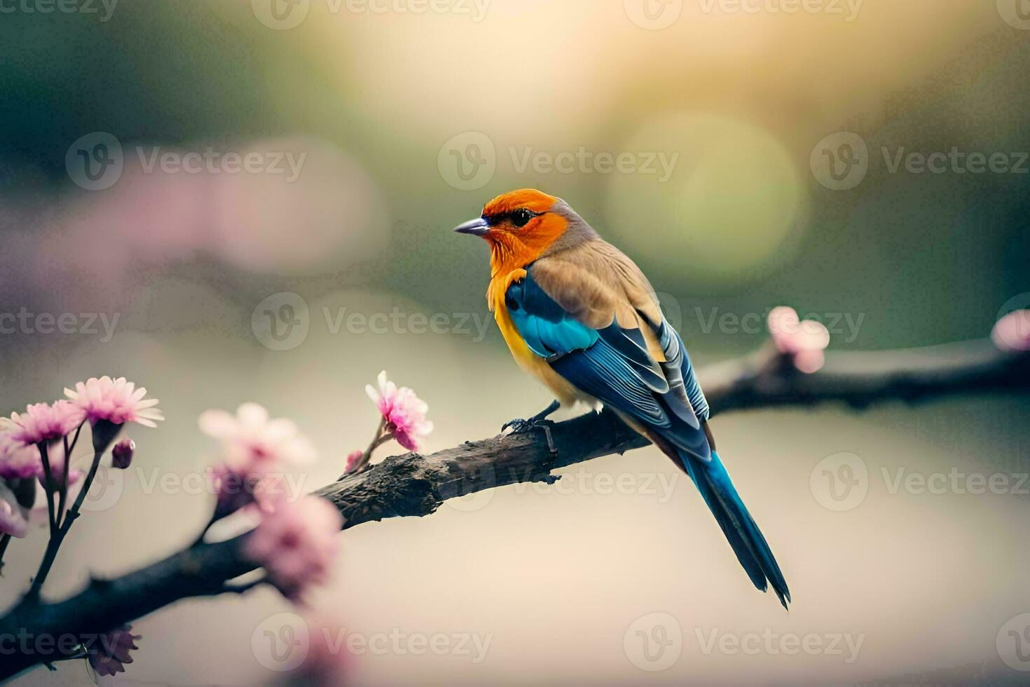 a colorful bird sits on a branch with pink flowers. AI-Generated photo