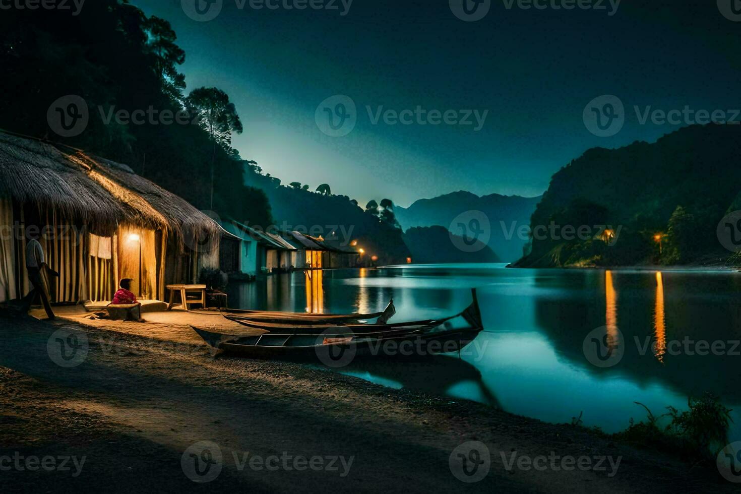 boats sit on the shore at night in a river. AI-Generated photo