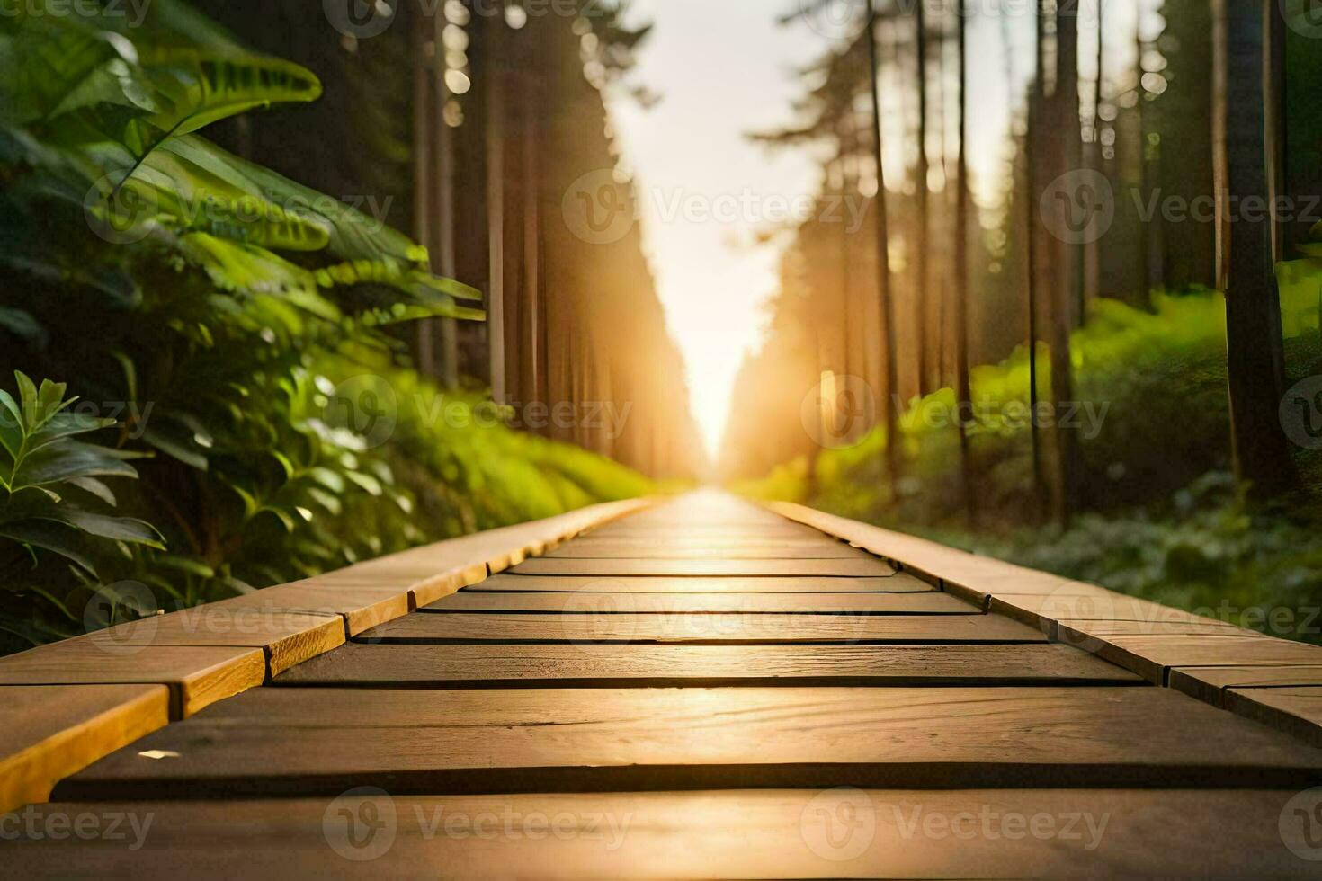 a wooden path in the middle of a forest. AI-Generated photo