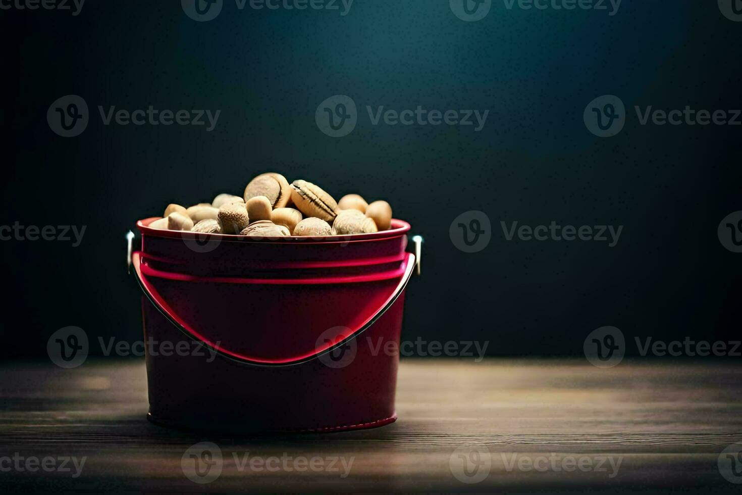 a red bucket filled with peanuts on a wooden table. AI-Generated photo
